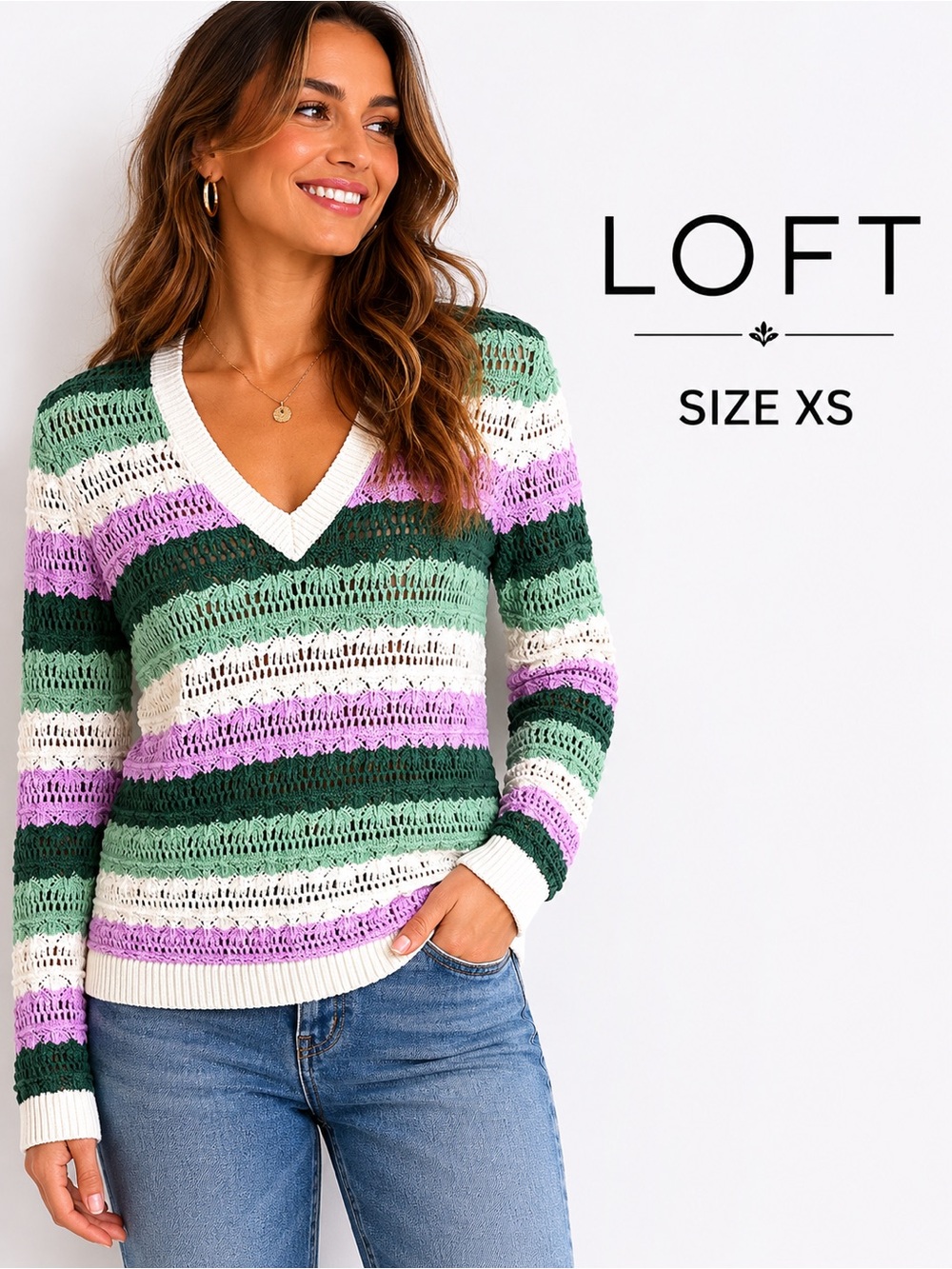 LOFT Crochet Knit V-Neck cotton Sweater Pastel Stripe XS Boho Cottagecore